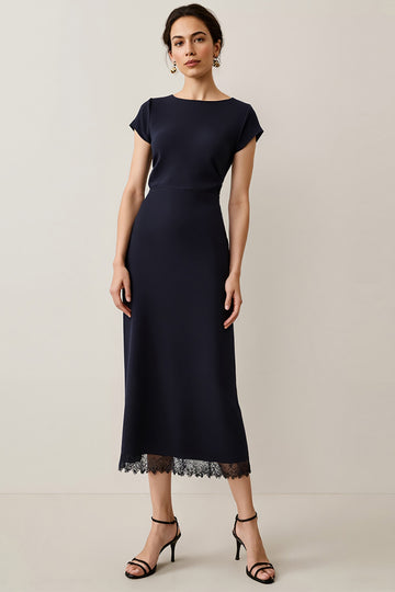 Navy Sheath Midi Work Dress with Short Sleeves